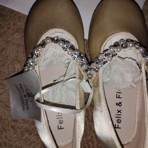 Felix & Flora Champagne Color Kids Flats with Pearl Embellishments